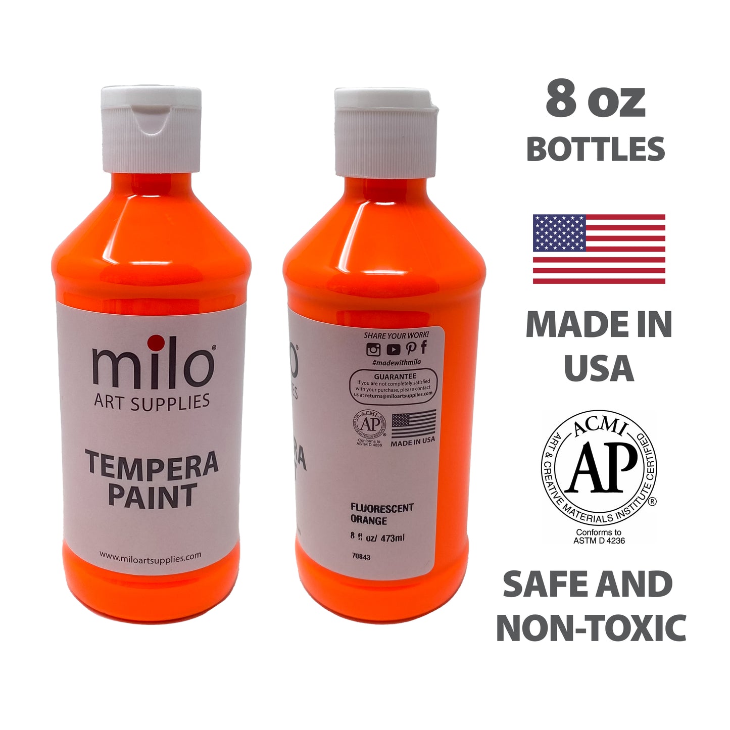 Milo Fluorescent Tempera Paint 8 oz Bottles Set of 8