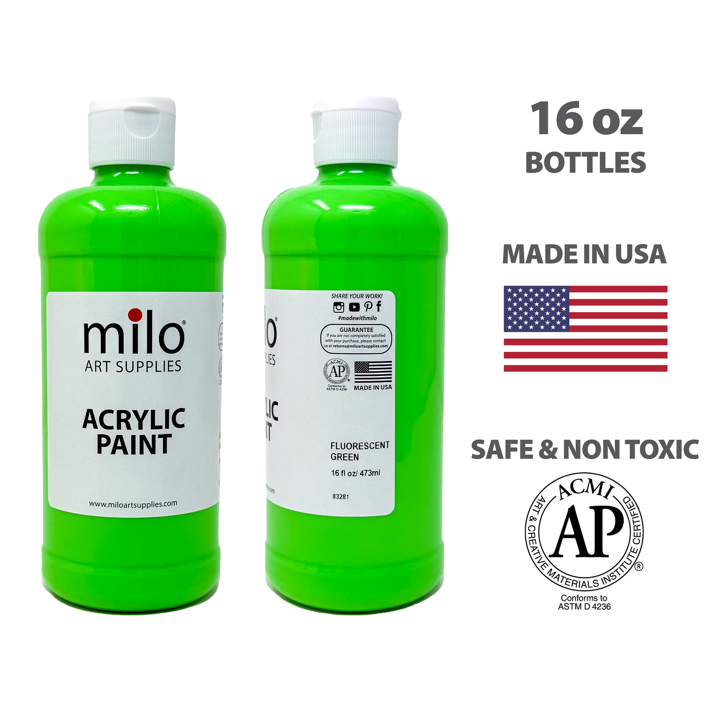 Milo Fluorescent Acrylic Paint 16 oz Bottles Set of 6