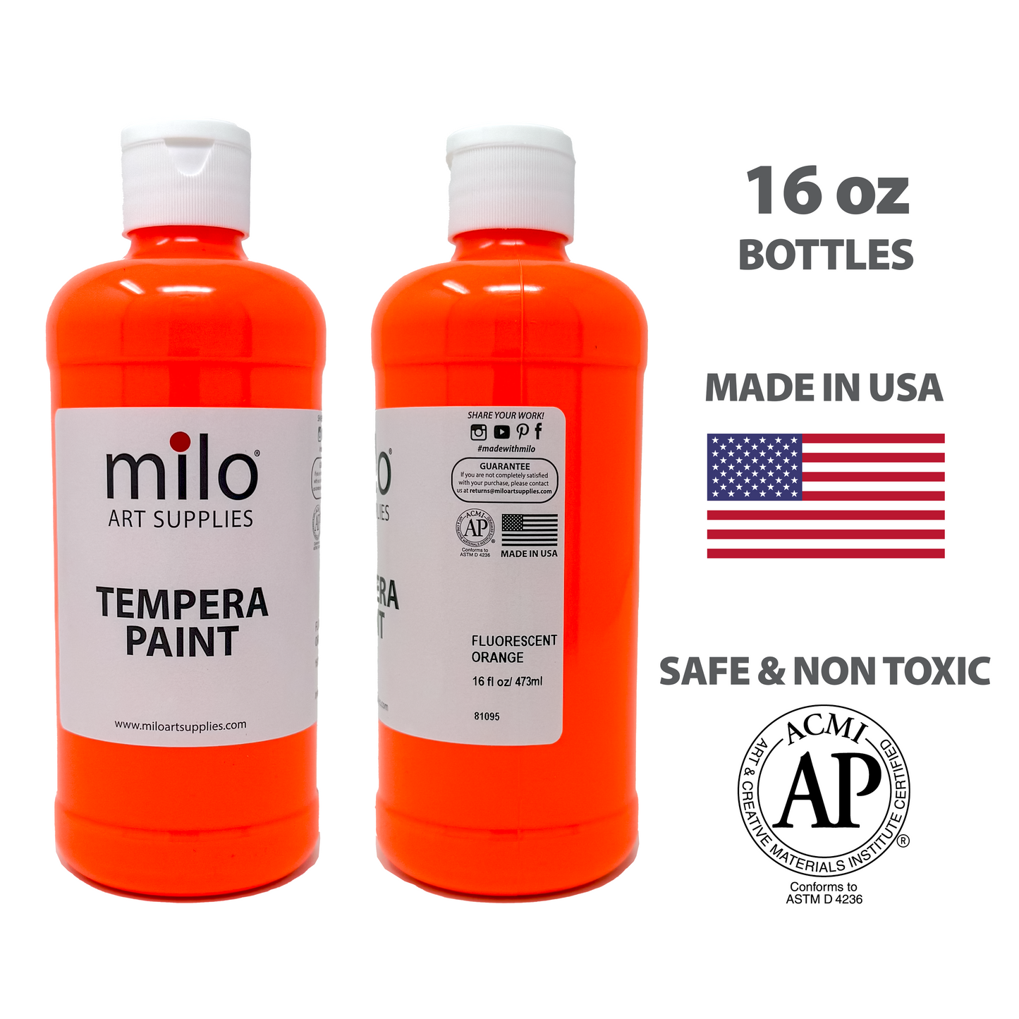 Milo Fluorescent Tempera Paint 16 oz Bottles Set of 6