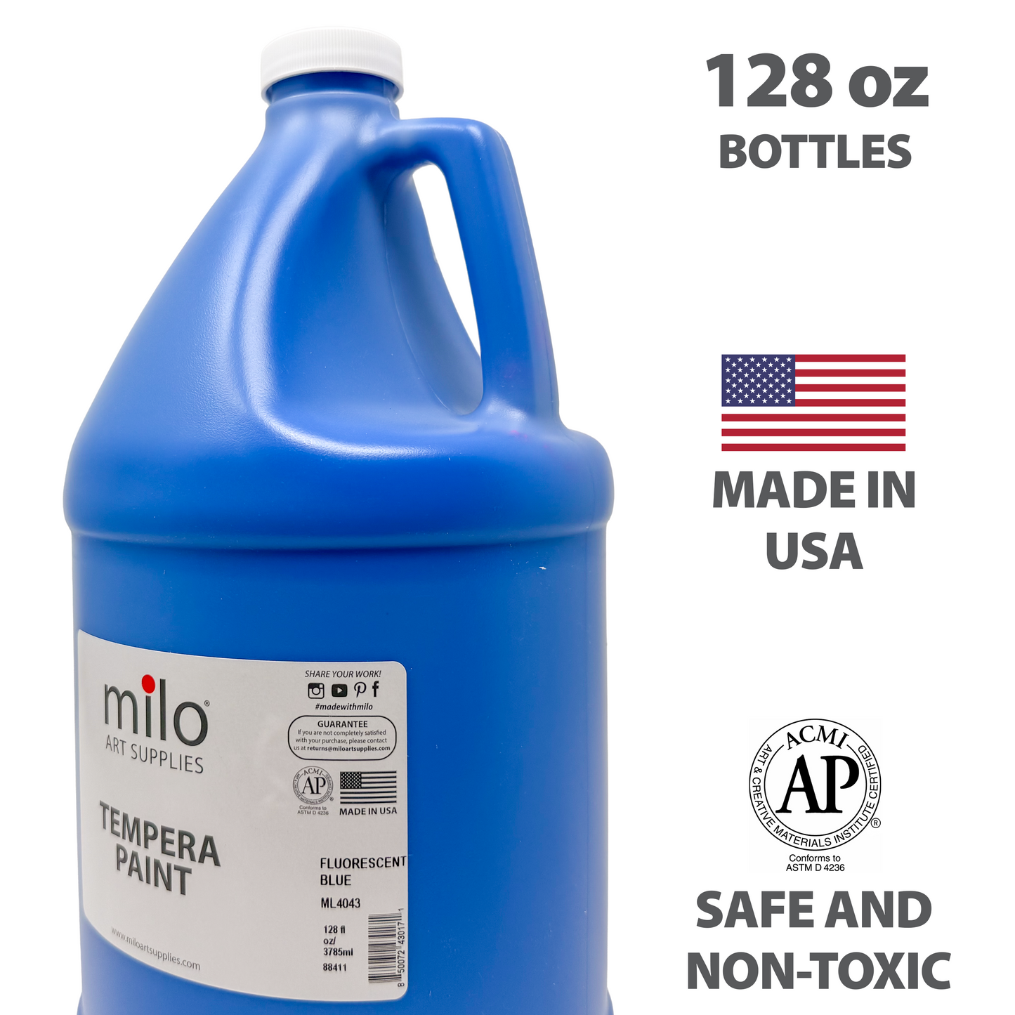 Milo UV Fluorescent Washable Tempera Paint 128 oz (Gallon) Neon Blue