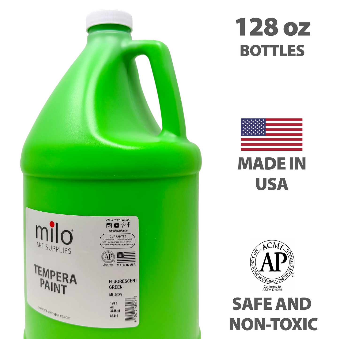 Milo UV Fluorescent Washable Tempera Paint 128 oz (Gallon) Neon Green
