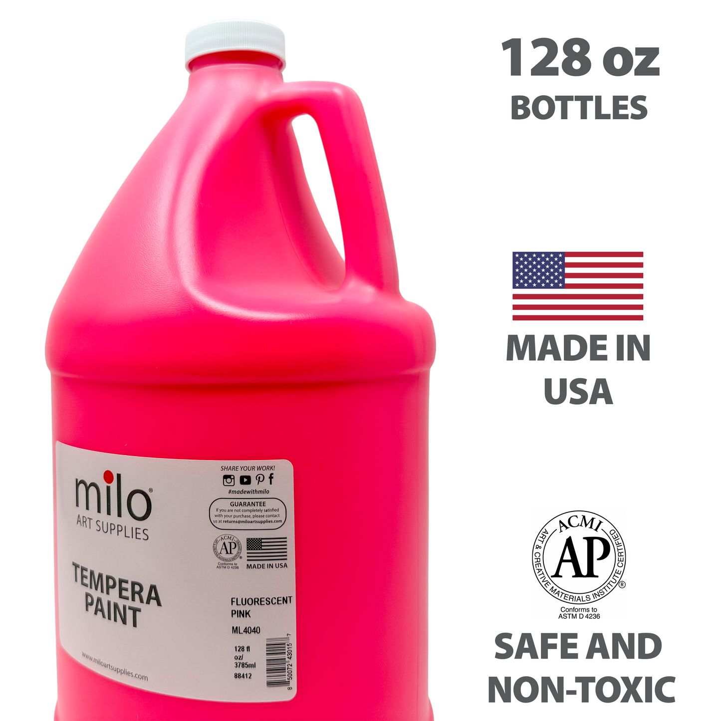 Milo UV Fluorescent Washable Tempera Paint 128 oz (Gallon) Neon Pink