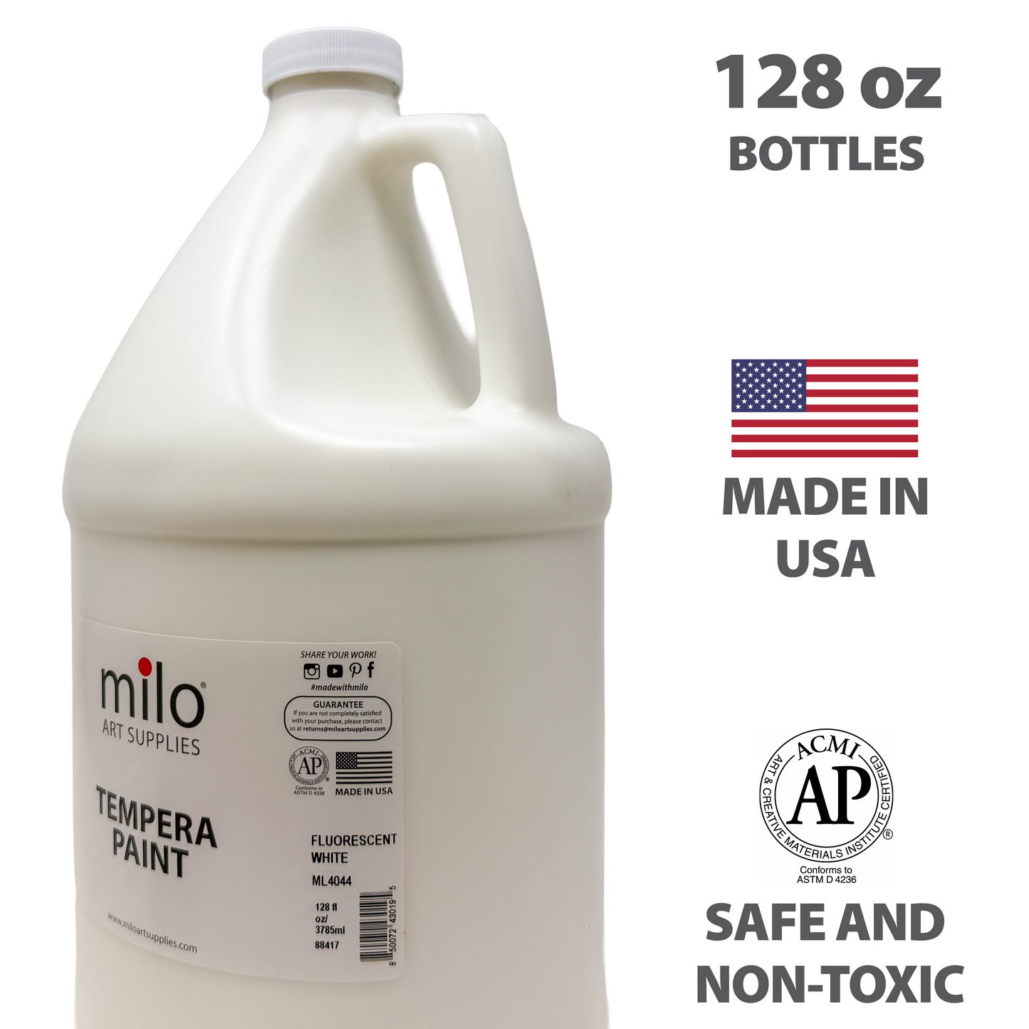 Milo UV Fluorescent Washable Tempera Paint 128 oz (Gallon) Neon White