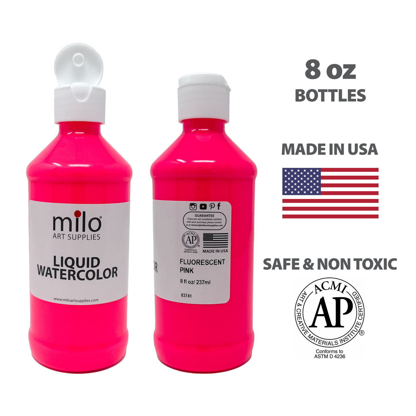Milo Fluorescent Liquid Watercolor Paint 8 oz Bottles Set of 6