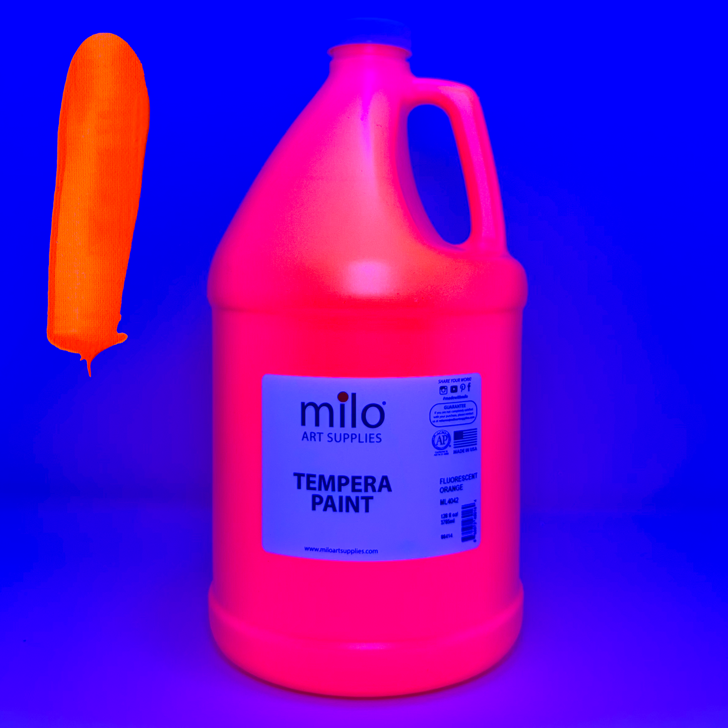 Milo UV Fluorescent Washable Tempera Paint 128 oz (Gallon) Neon Orange
