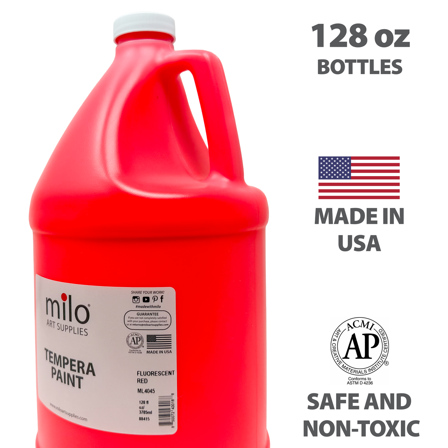 Milo UV Fluorescent Washable Tempera Paint 128 oz (Gallon) Neon Red