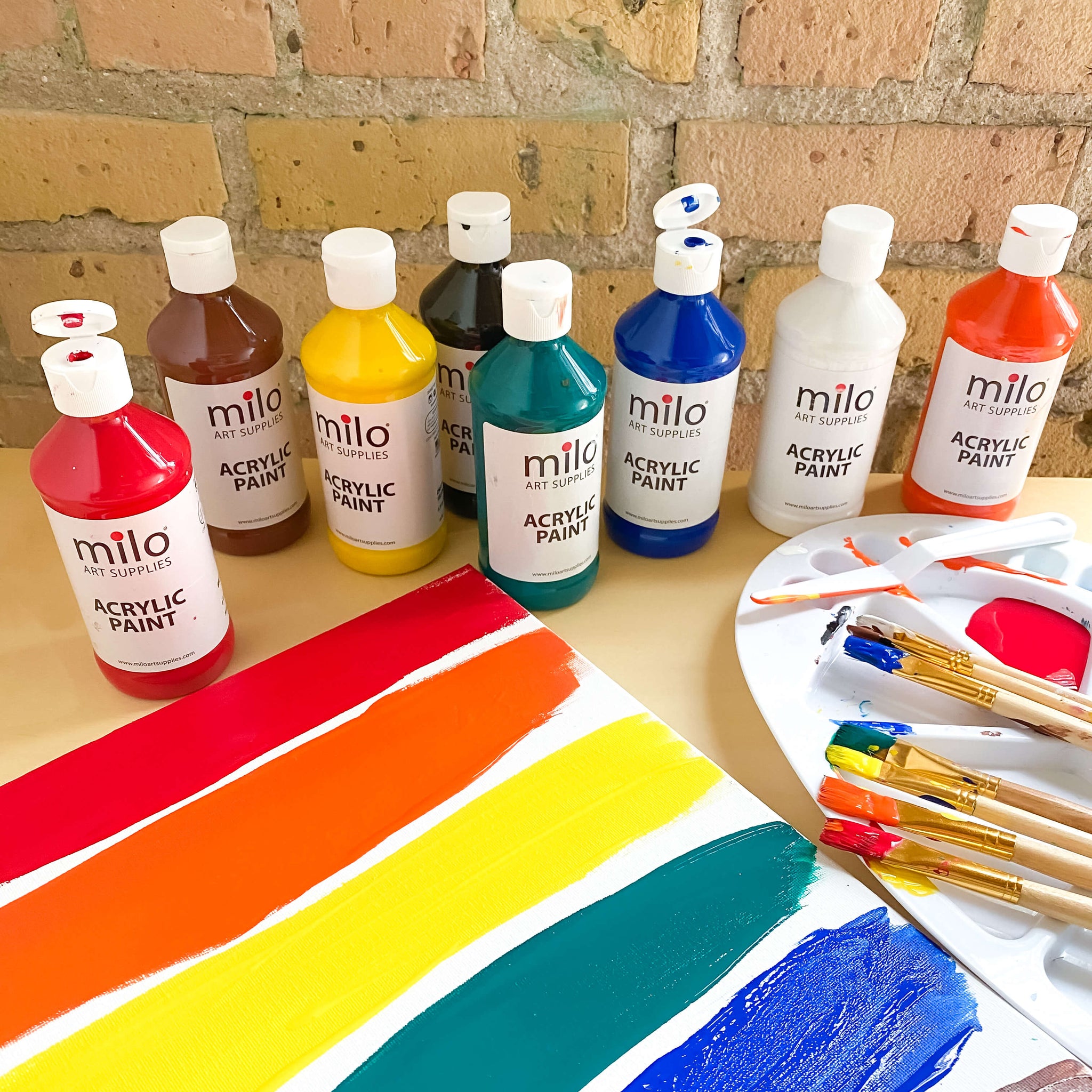 Milo Acrylic Paint Set of 12 Colors | 16 oz Bottles | Student Primary Colors Acrylics Painting Pack | Made in The USA | Non-Toxic Art & Craft Paints